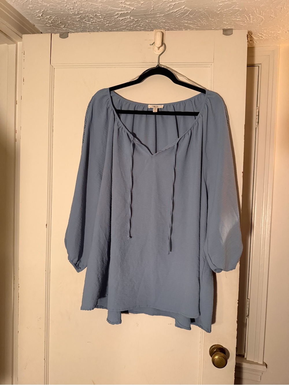 Light Blue Peasant Blouse with Tie Neck - Women Tops Blouses